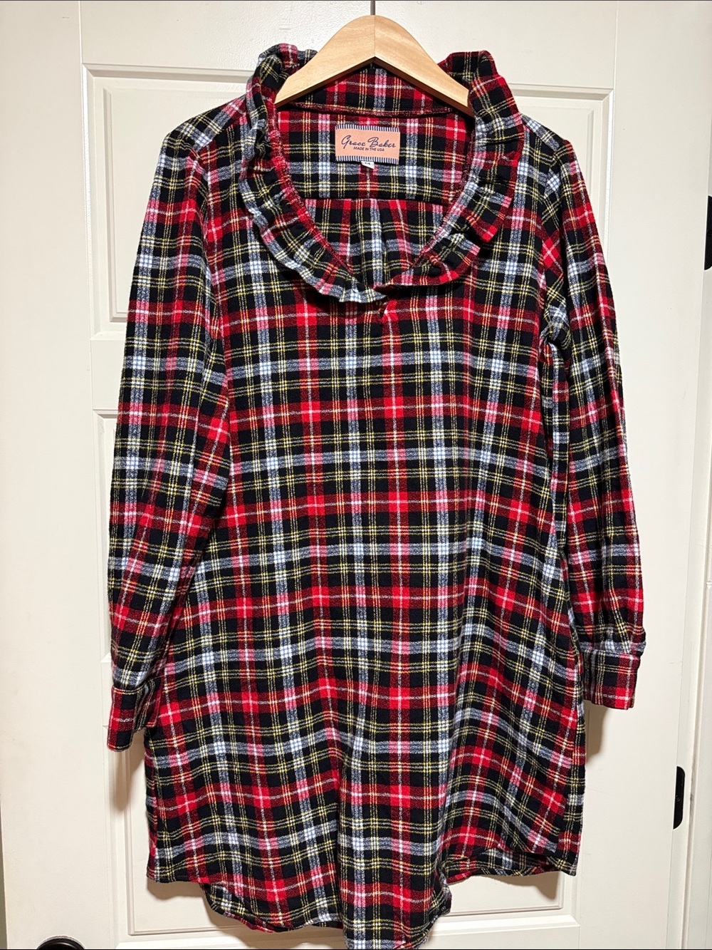 Grace baker plaid holiday long sleeve Red Plaid Ruffle-Collar Mini Dress